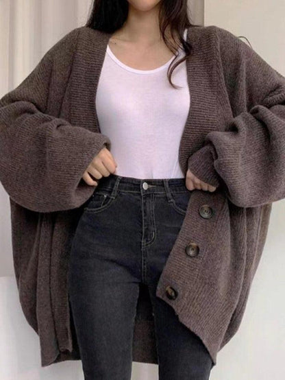 Damen Long-Cardigan mit Knöpfen | Lockerer Strickcardigan mit Ballonärmeln für Herbst & Winter