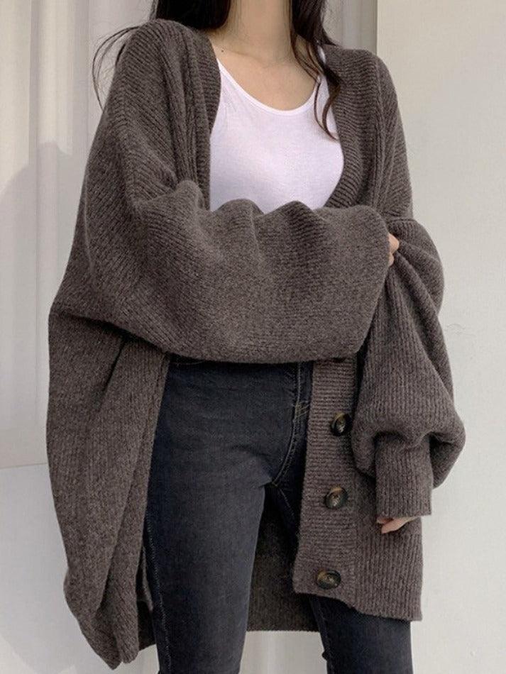 Damen Long-Cardigan mit Knöpfen | Lockerer Strickcardigan mit Ballonärmeln für Herbst & Winter