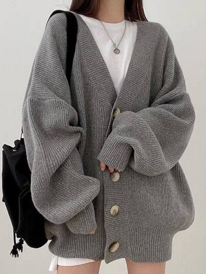 Damen Long-Cardigan mit Knöpfen | Lockerer Strickcardigan mit Ballonärmeln für Herbst & Winter