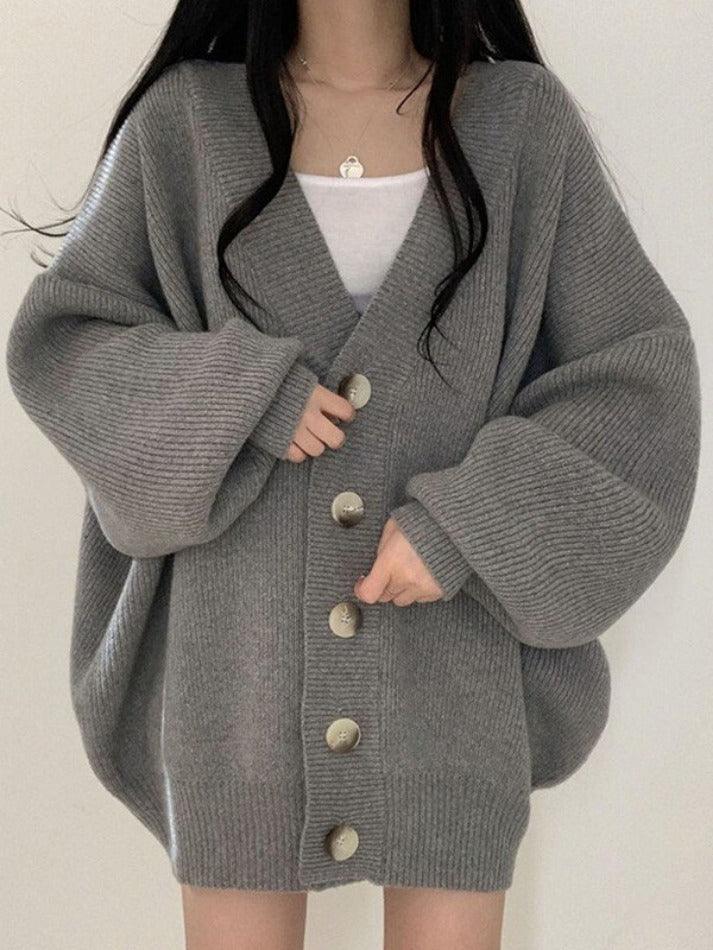 Damen Long-Cardigan mit Knöpfen | Lockerer Strickcardigan mit Ballonärmeln für Herbst & Winter