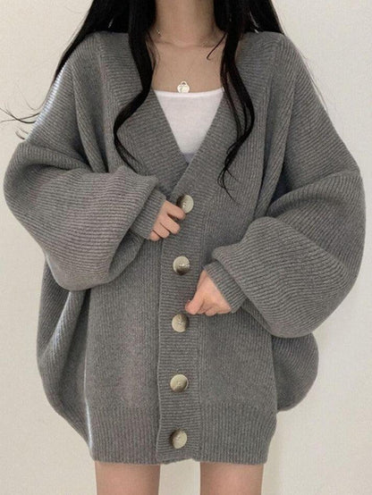 Damen Long-Cardigan mit Knöpfen | Lockerer Strickcardigan mit Ballonärmeln für Herbst & Winter