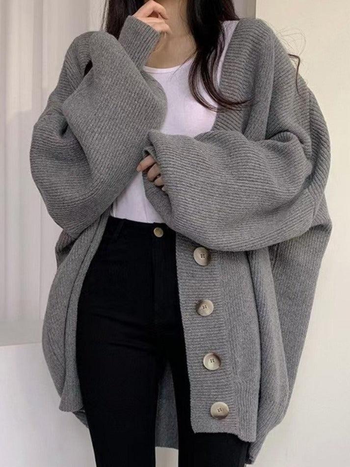 Damen Long-Cardigan mit Knöpfen | Lockerer Strickcardigan mit Ballonärmeln für Herbst & Winter