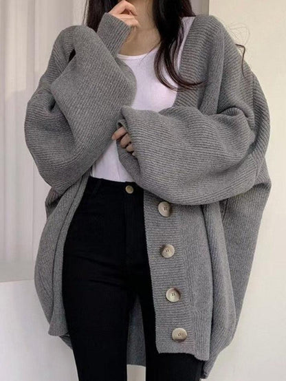 Damen Long-Cardigan mit Knöpfen | Lockerer Strickcardigan mit Ballonärmeln für Herbst & Winter