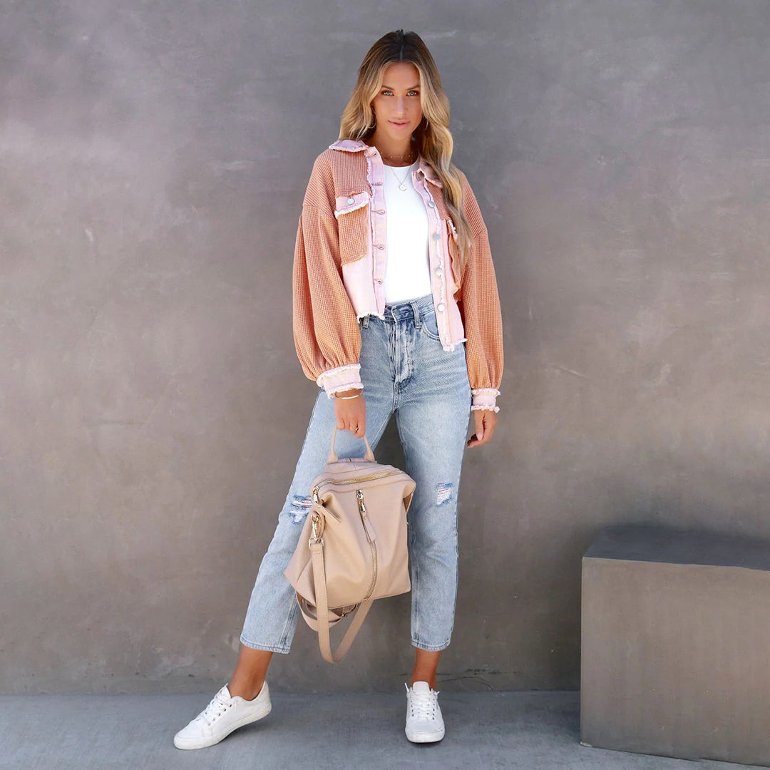 Soffie | Damen Patchwork-Jacke mit Bischofsärmeln – Stylische Übergangsjacke mit Knopfleiste & Brusttaschen