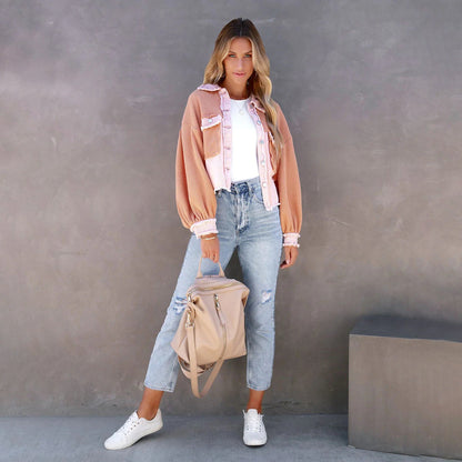 Soffie | Damen Patchwork-Jacke mit Bischofsärmeln – Stylische Übergangsjacke mit Knopfleiste & Brusttaschen