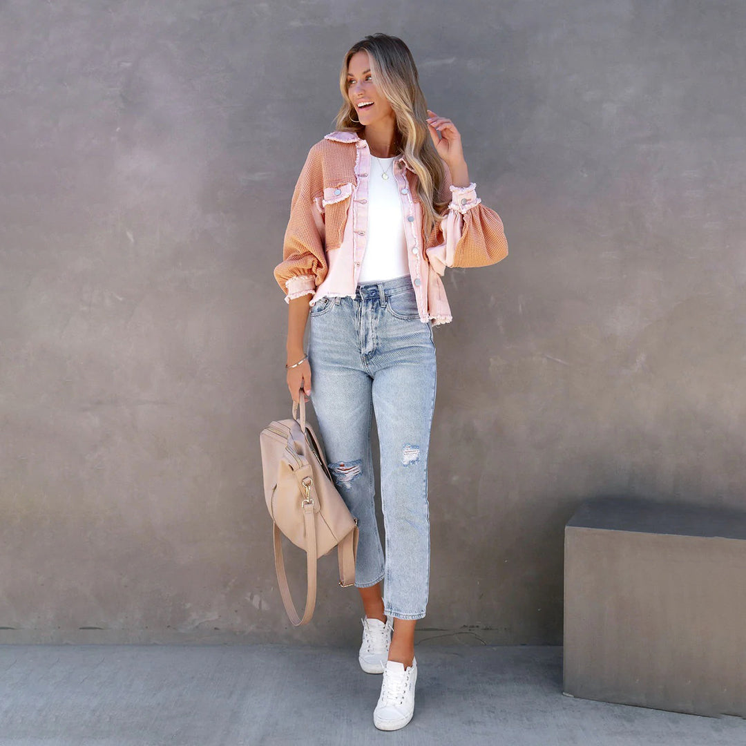 Soffie | Damen Patchwork-Jacke mit Bischofsärmeln – Stylische Übergangsjacke mit Knopfleiste & Brusttaschen