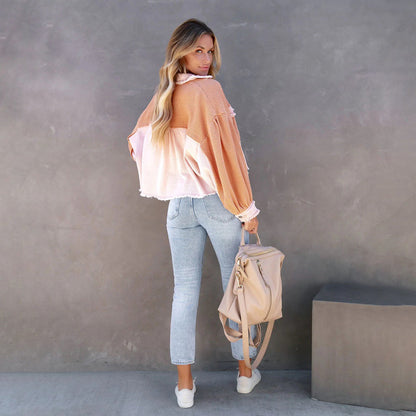 Soffie | Damen Patchwork-Jacke mit Bischofsärmeln – Stylische Übergangsjacke mit Knopfleiste & Brusttaschen