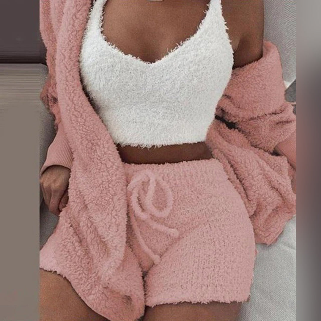 Alma | Damen Teddy Lounge Set mit Kapuzen-Cardigan & Shorts