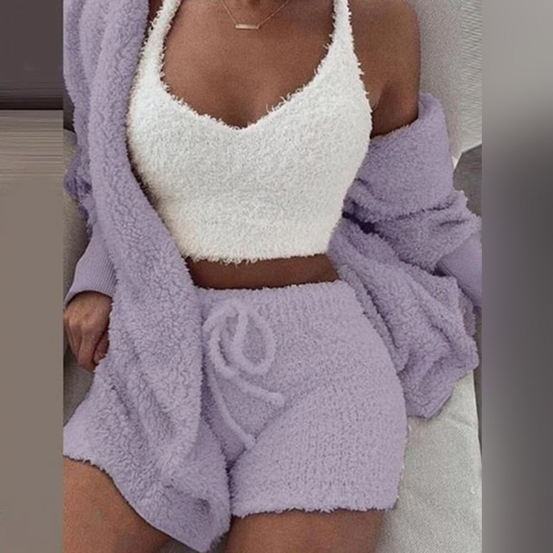 Alma | Damen Teddy Lounge Set mit Kapuzen-Cardigan & Shorts