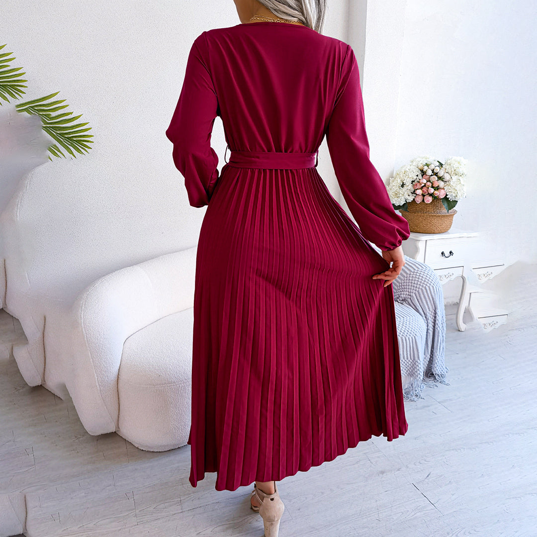 Ardena | Elegantes Damen-Maxikleid mit V-Ausschnitt, Taillengürtel und Plisseerock