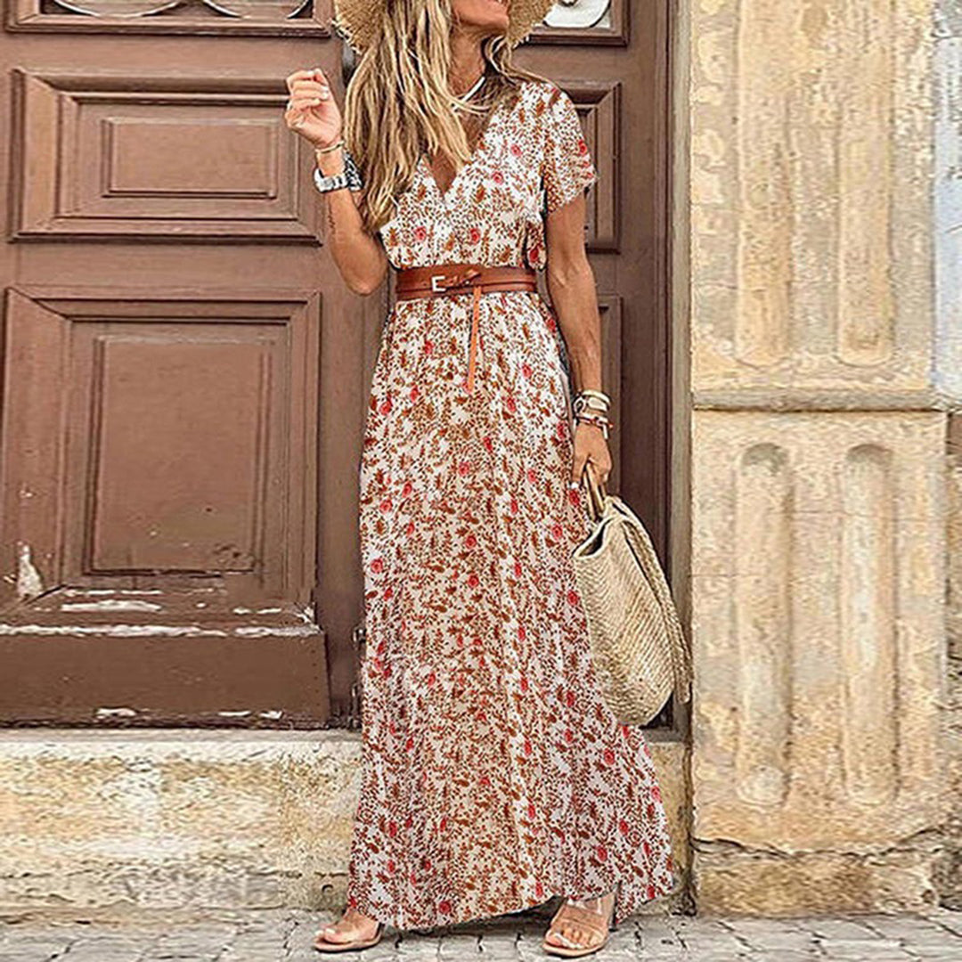 Trendaya | Boho Maxi Sommerkleid mit V-Ausschnitt, Beinschlitz & Bindegürtel – Luftig, Elegant & Feminin