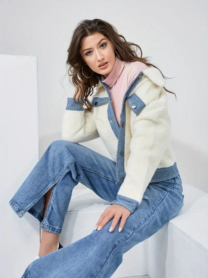 Olwina | Damen Jeansjacke mit Plüsch & Patchwork – Stylische Übergangsjacke mit Knöpfen und Umlegekragen