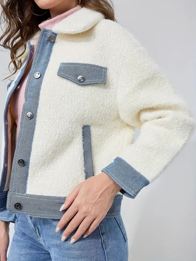 Olwina | Damen Jeansjacke mit Plüsch & Patchwork – Stylische Übergangsjacke mit Knöpfen und Umlegekragen