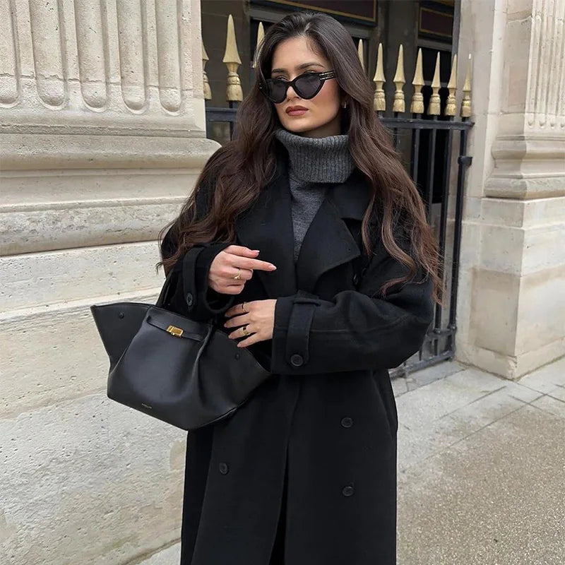 Roselinde | Eleganter Damen Maxi-Mantel mit Gürtel & Doppelknopfreihe – Stilvoller Herbst- & Wintermantel in Lockerem Schnitt