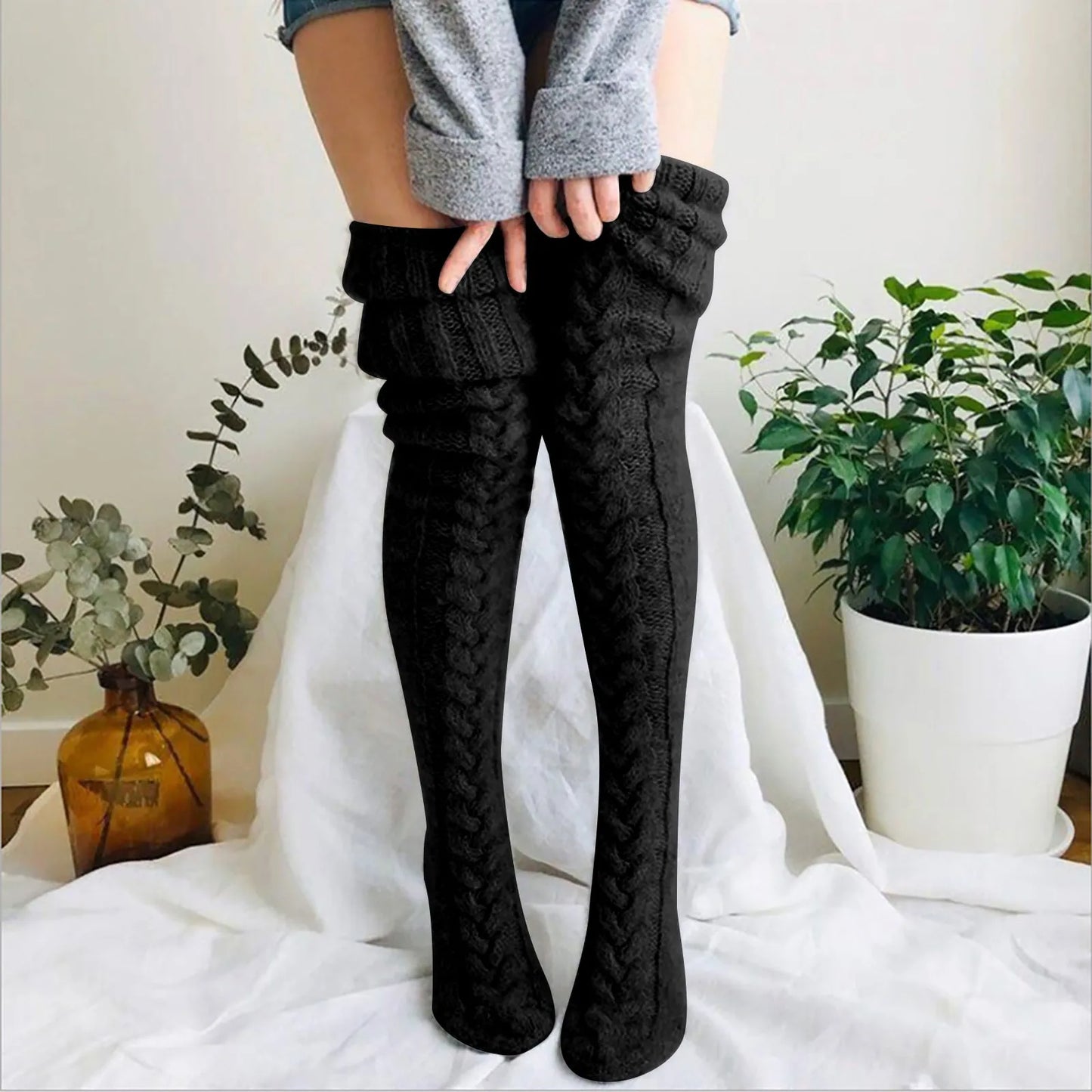 Strick Overknee Socken Damen | Warm, Weich & Elegantes Zopfmuster für den Winter