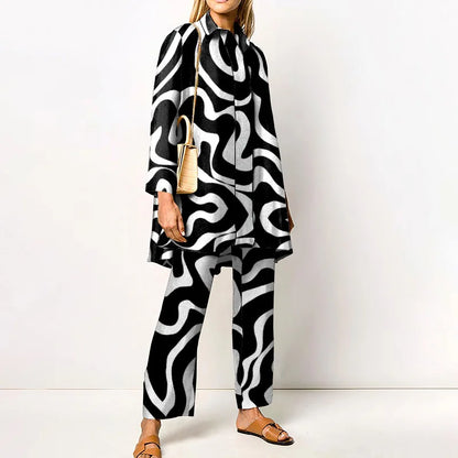 Damen Zweiteiler | Lockeres Set aus Bluse und Hose mit Vintage-Print