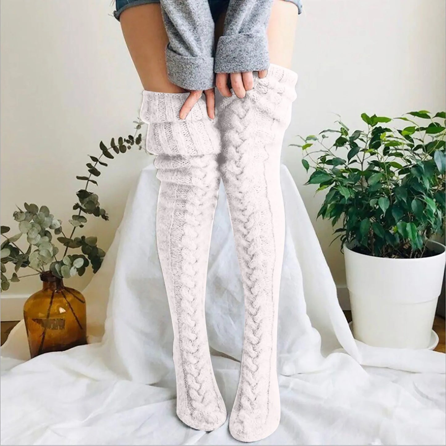 Strick Overknee Socken Damen | Warm, Weich & Elegantes Zopfmuster für den Winter