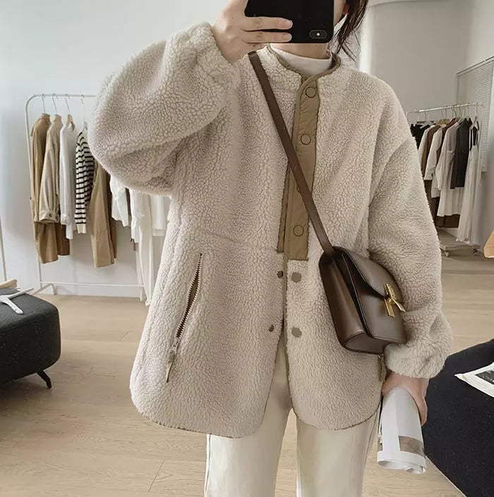 Aldoria | Damen Teddyjacke Beige, Oversized mit Knöpfen, Kuschelig & Elegant im Chic Style