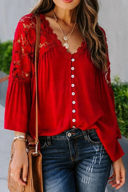 Diandra | Tiefe V-Neck Bluse mit Spitzen-Ärmeln & Blumen – Lässig & Elegant
