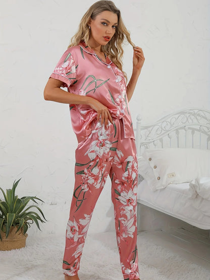 Phaedra | Damen Pyjama Set Zweiteiler in Rosa mit Blumenmuster Hemd & Hose