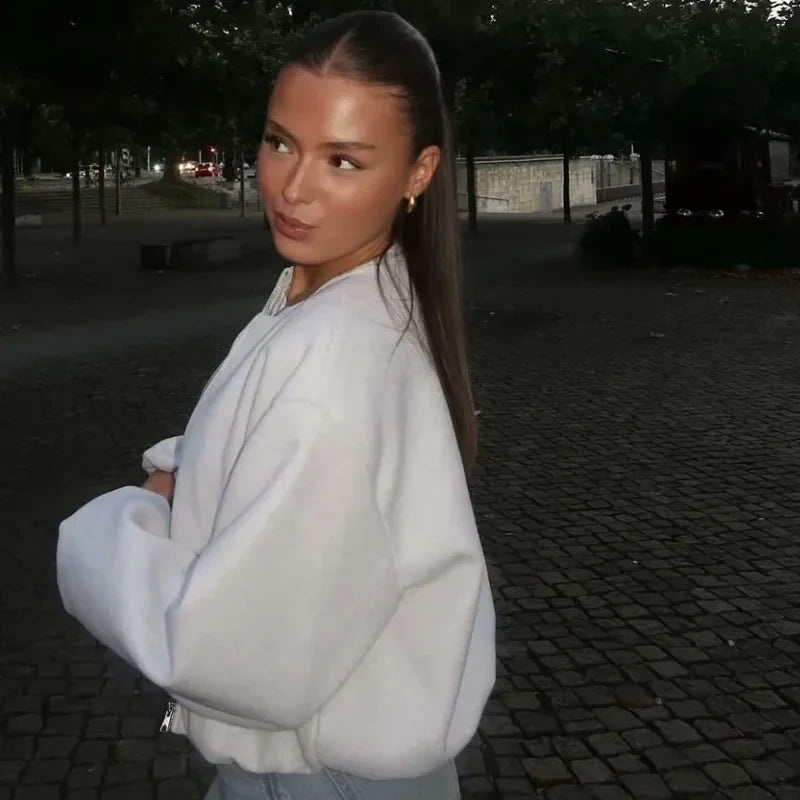 Sylvette | Damen Cropped Bomberjacke Kurz mit Reißverschluss & Langarm im Uni-Design