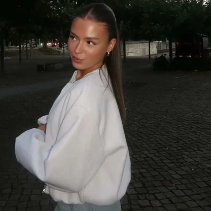 Sylvette | Damen Cropped Bomberjacke Kurz mit Reißverschluss & Langarm im Uni-Design