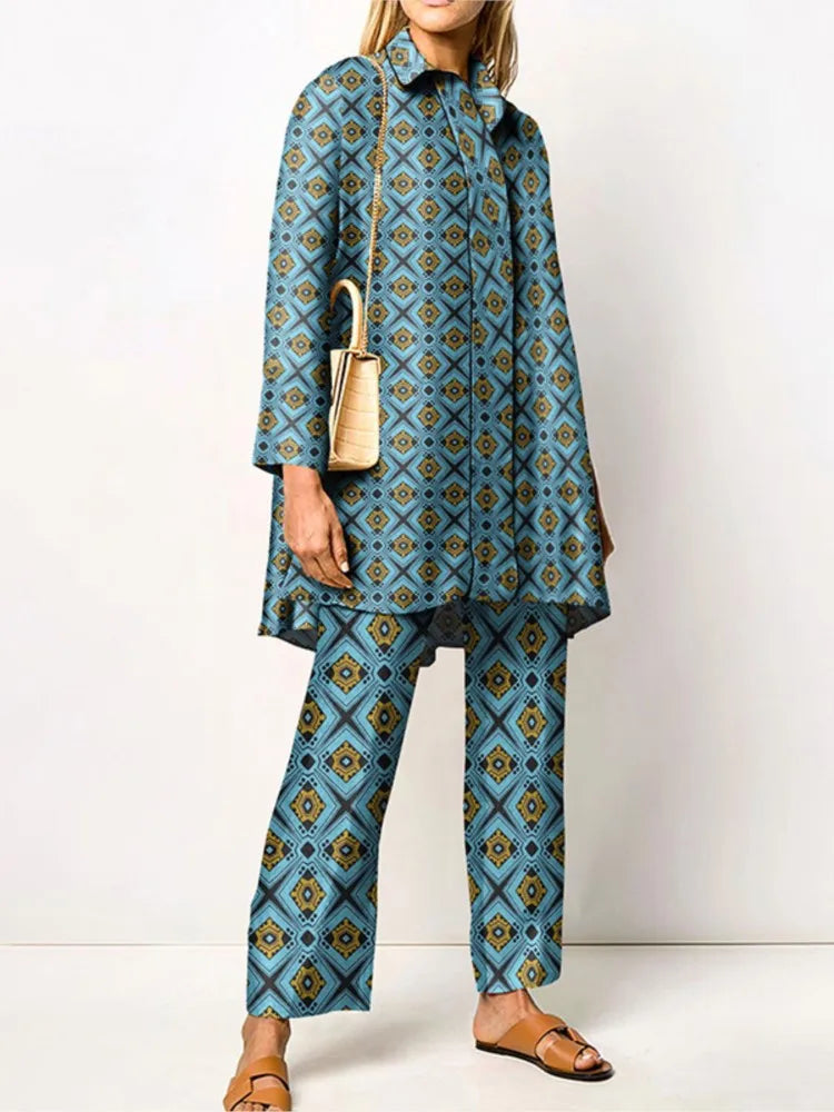 Damen Zweiteiler | Lockeres Set aus Bluse und Hose mit Vintage-Print