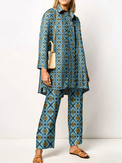Damen Zweiteiler | Lockeres Set aus Bluse und Hose mit Vintage-Print