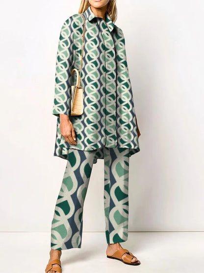 Damen Zweiteiler | Lockeres Set aus Bluse und Hose mit Vintage-Print