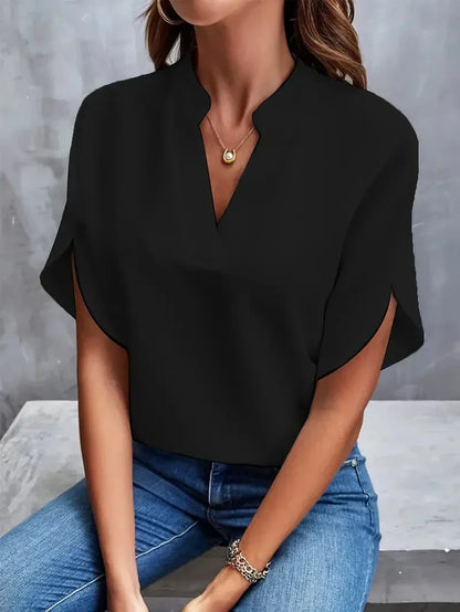 Janelle | Elegante Damen V-Ausschnitt Chiffonbluse mit kurzen Ärmeln – Luftig, Stilvoll & Alltagstauglich