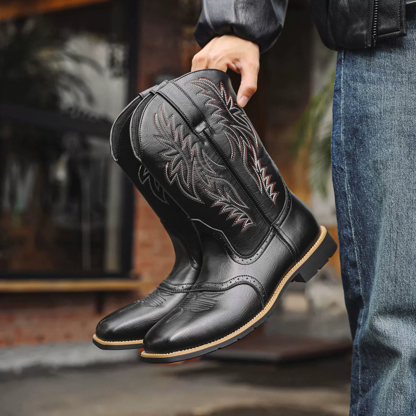 Milford | Herren Western Cowboy Boots mit Stickerei, Mittelhoch & Square Toe Design