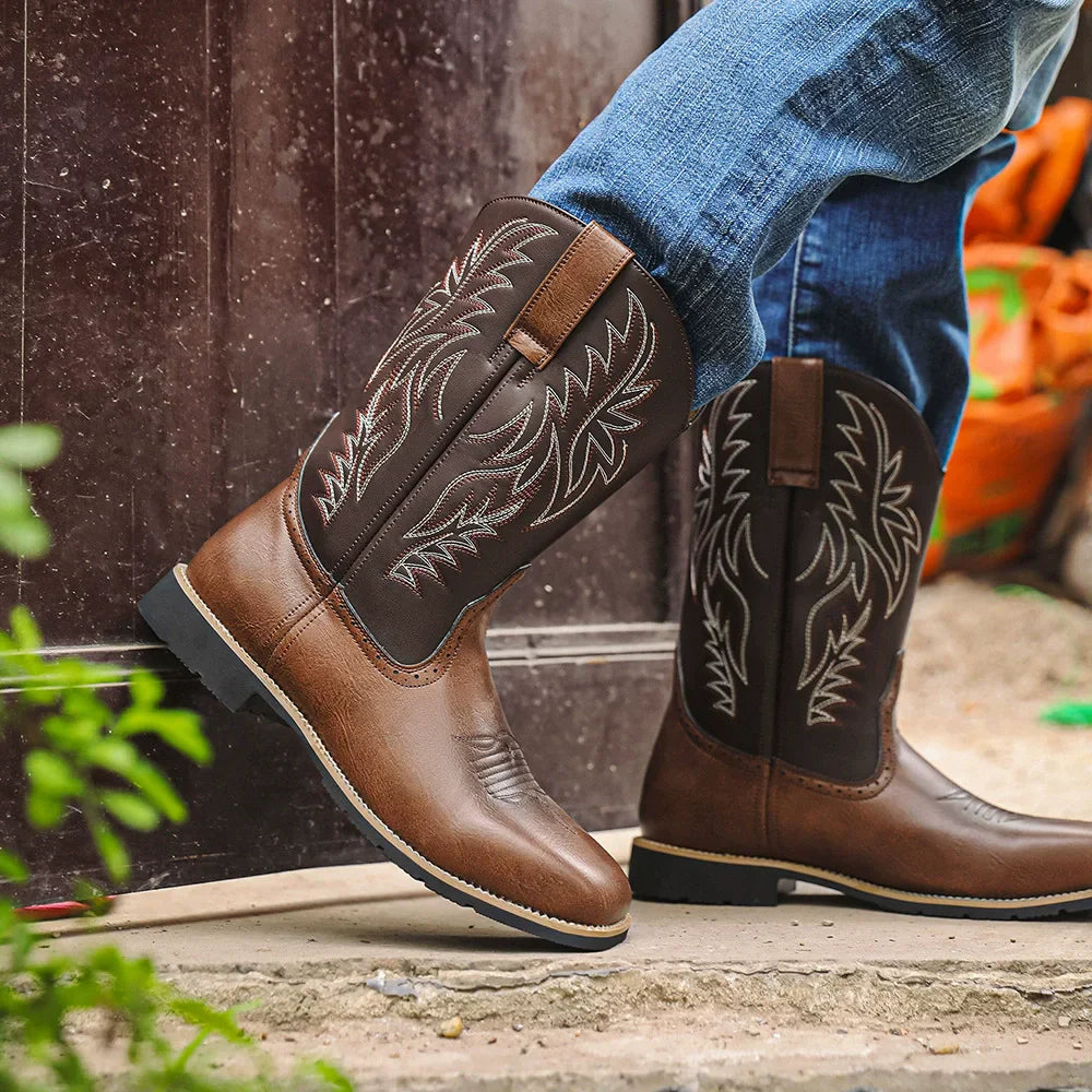 Milford | Herren Western Cowboy Boots mit Stickerei, Mittelhoch & Square Toe Design