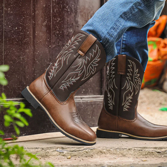 Milford | Herren Western Cowboy Boots mit Stickerei, Mittelhoch & Square Toe Design