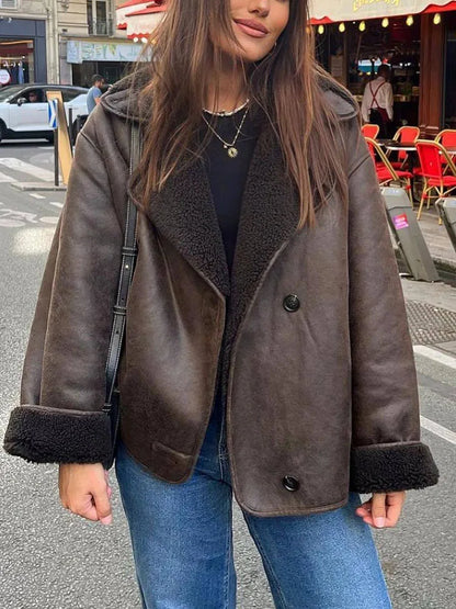 Xaviera | Damen Oversized Jacke mit Großem Reverskragen, Knöpfen & Fleecefutter