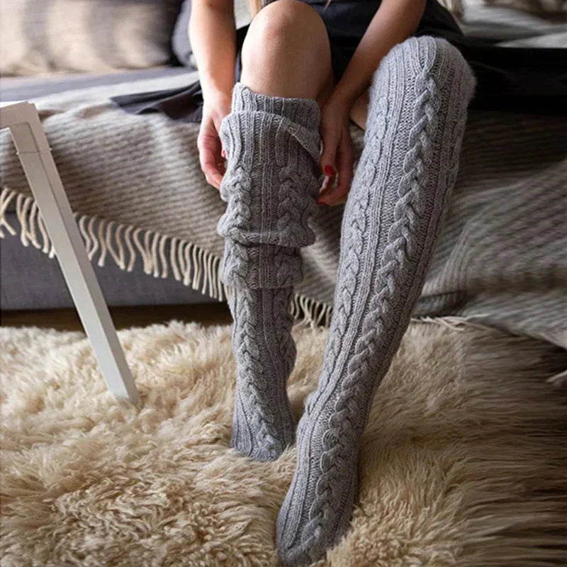 Strick Overknee Socken Damen | Warm, Weich & Elegantes Zopfmuster für den Winter