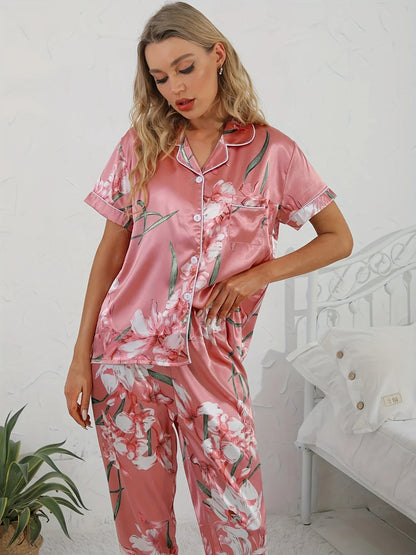 Phaedra | Damen Pyjama Set Zweiteiler in Rosa mit Blumenmuster Hemd & Hose