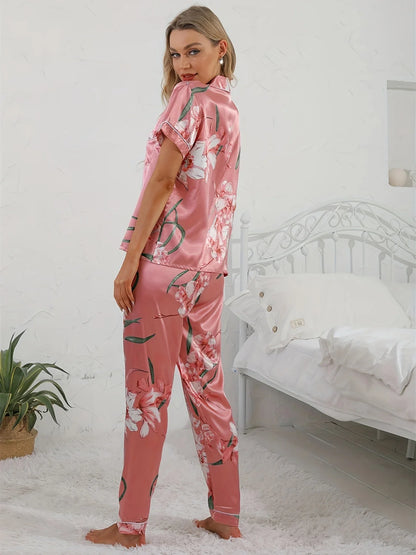 Phaedra | Damen Pyjama Set Zweiteiler in Rosa mit Blumenmuster Hemd & Hose