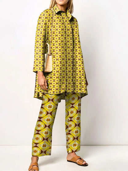 Damen Zweiteiler | Lockeres Set aus Bluse und Hose mit Vintage-Print