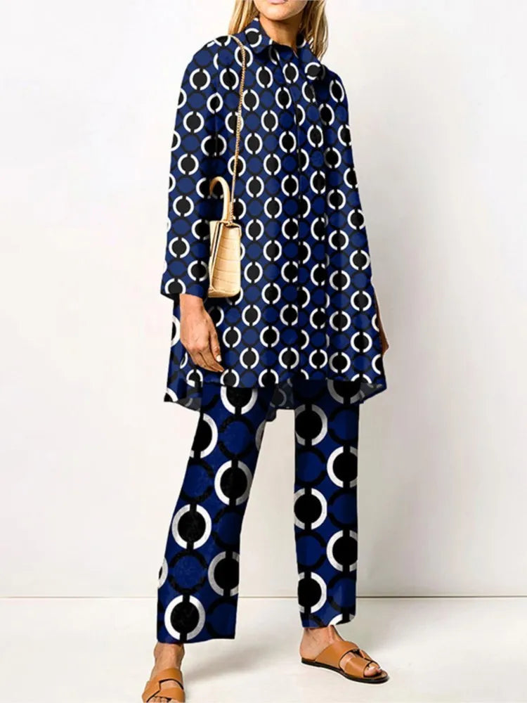 Damen Zweiteiler | Lockeres Set aus Bluse und Hose mit Vintage-Print