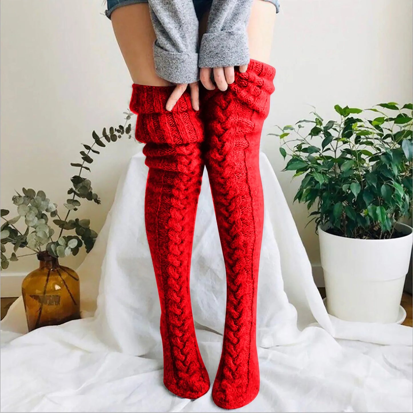 Strick Overknee Socken Damen | Warm, Weich & Elegantes Zopfmuster für den Winter