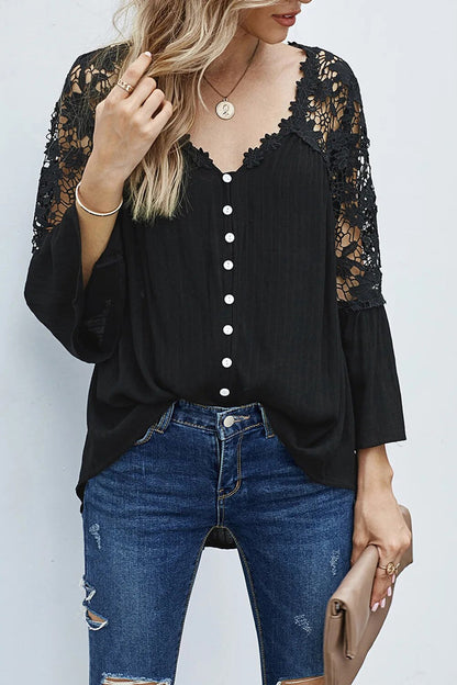 Diandra | Tiefe V-Neck Bluse mit Spitzen-Ärmeln & Blumen – Lässig & Elegant