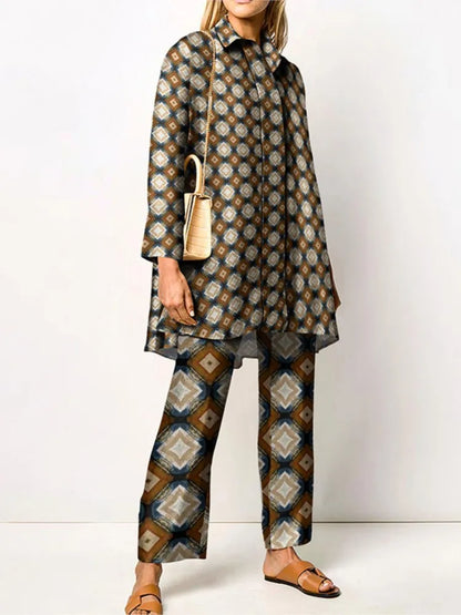 Damen Zweiteiler | Lockeres Set aus Bluse und Hose mit Vintage-Print