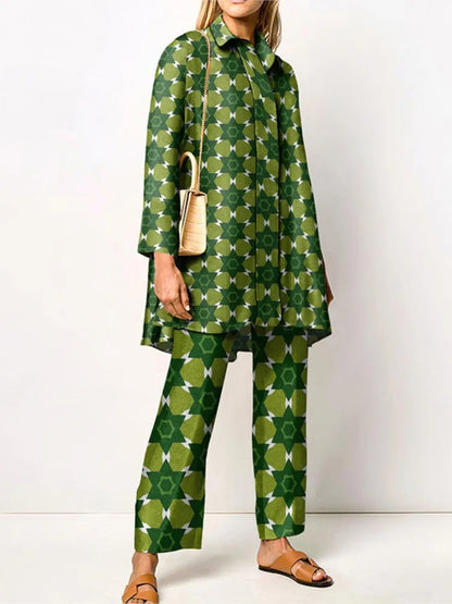 Damen Zweiteiler | Lockeres Set aus Bluse und Hose mit Vintage-Print