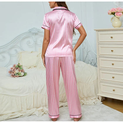 Primarose | Damen Pyjama Set Zweiteiler in Rosa mit Gestreiftem Shirt & Hose