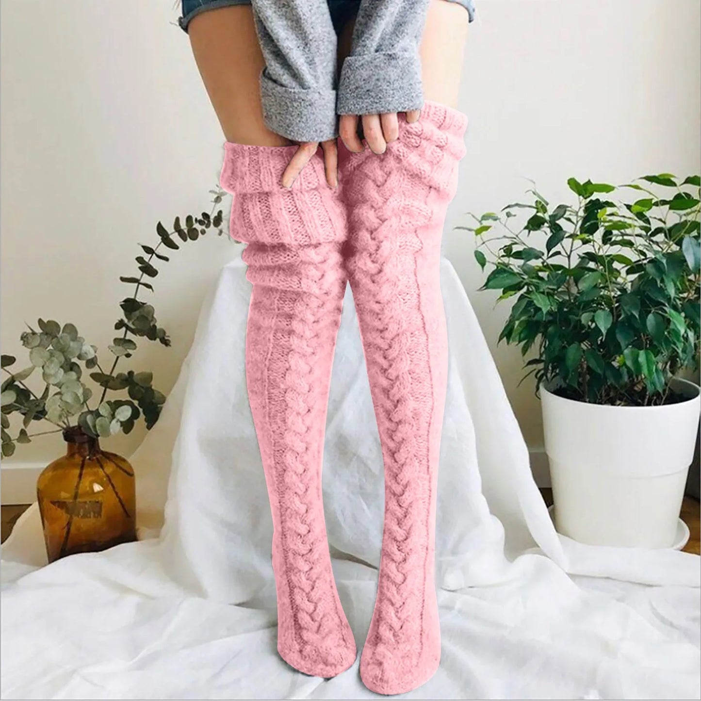 Strick Overknee Socken Damen | Warm, Weich & Elegantes Zopfmuster für den Winter