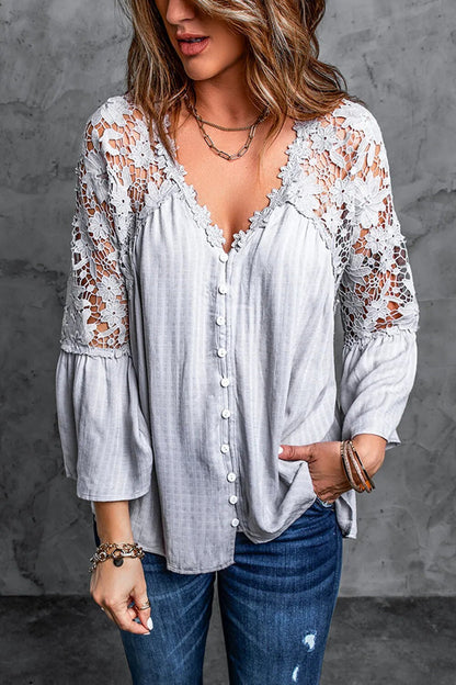 Diandra | Tiefe V-Neck Bluse mit Spitzen-Ärmeln & Blumen – Lässig & Elegant