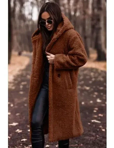 Cassara | Damen Kapuzenplüschmantel in Uni-Farbe, langer Kuschel-Mantel