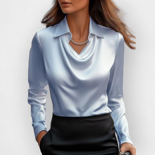 Serilda | Damen Satinbluse mit Wasserfallkragen & Langarm – Elegante Business- & Freizeitbluse für jeden Anlass