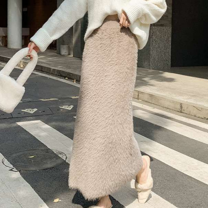 Willoween | Damen Teddy Plüsch Maxirock in Khaki mit Hoher Taille & Weichem Futter