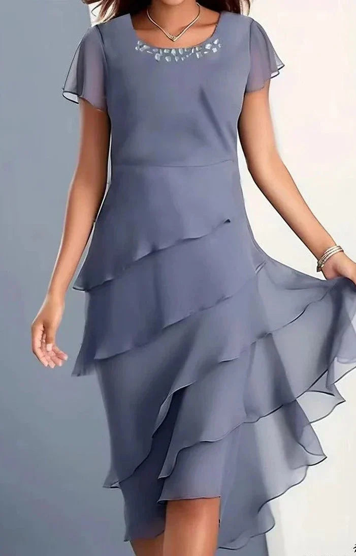 Mercy | Elegantes Midikleid für Damen mit Volantärmeln & Lagenrock | Rundhals & Tailliertes Design für Alltag & besondere Anlässe